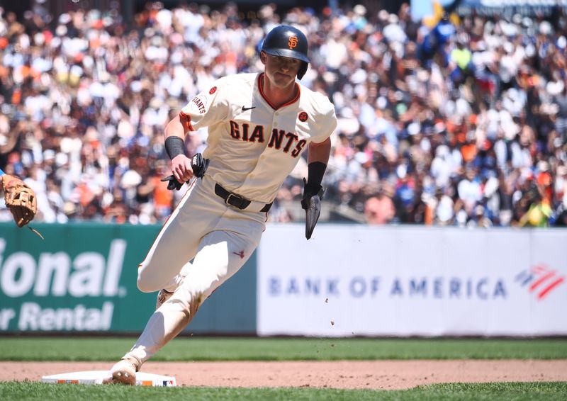 Jun 30, 2024; San Francisco, California, USA; San Francisco Giants second baseman Tyler Fitzgerald (49) rounds third base for a run against the Los Angeles Dodgers during the fourth inning at Oracle Park. Mandatory Credit: Kelley L Cox-USA TODAY Sports