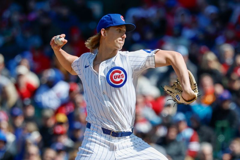 Apr 26, 2025; Chicago, Illinois, USA; Chicago Cubs starting pitcher Ben Brown (32) delivers a pitch against the Philadelphia Phillies during the first inning at Wrigley Field. Mandatory Credit: Kamil Krzaczynski-Imagn Images