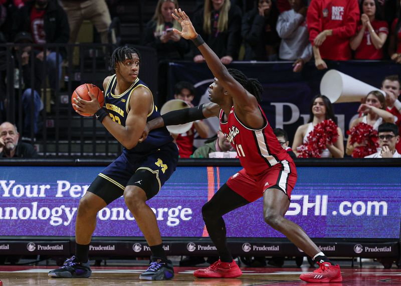 Feb 29, 2024; Piscataway, New Jersey, USA; Michigan Wolverines forward Tarris Reed Jr. (32) shields the ball from Rutgers Scarlet Knights center Clifford Omoruyi (11) during the second half at Jersey Mike's Arena. Mandatory Credit: Vincent Carchietta-USA TODAY Sports