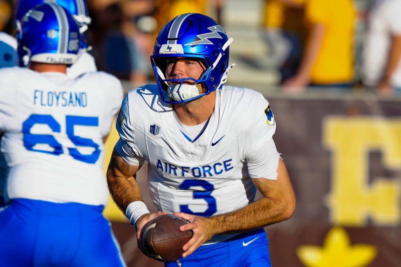 Sep 28, 2024; Laramie, Wyoming, USA; Air Force Falcons quarterback John Busha (3) warms up before a game against the Wyoming Cowboys at Jonah Field at War Memorial Stadium. Mandatory Credit: Troy Babbitt-Imagn Images