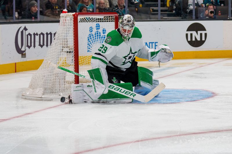 Jan 18, 2023; San Jose, California, USA; Dallas Stars goaltender Jake Oettinger (29) makes a save during the second period against the San Jose Sharks at SAP Center at San Jose. Mandatory Credit: Neville E. Guard-USA TODAY Sports