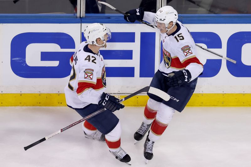 May 30, 2024; New York, New York, USA; Florida Panthers center Anton Lundell (15) celebrates his goal against the New York Rangers with defenseman Gustav Forsling (42) during the third period of game five of the Eastern Conference Final of the 2024 Stanley Cup Playoffs at Madison Square Garden. Mandatory Credit: Brad Penner-USA TODAY Sports