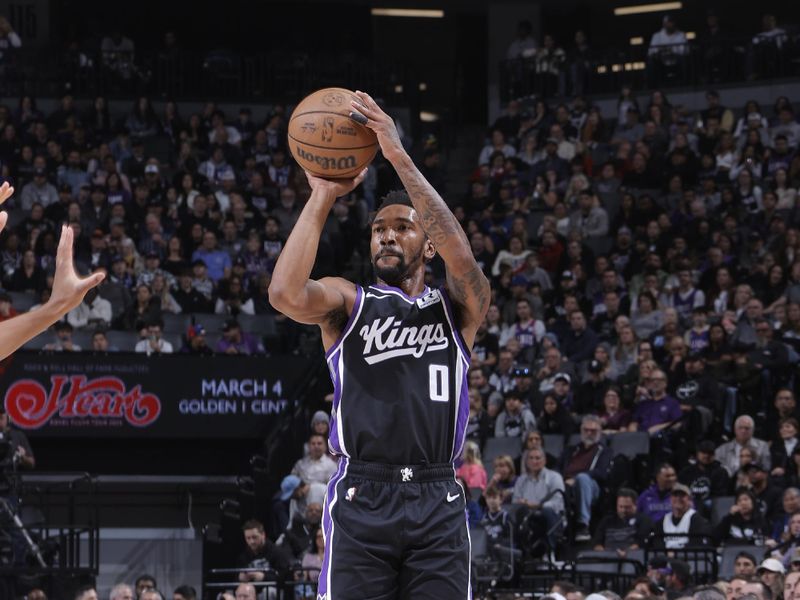 SACRAMENTO, CA - JANUARY 3: Malik Monk #0 of the Sacramento Kings shoots a three point basket during the against the Memphis Grizzlies on January 3, 2025 at Golden 1 Center in Sacramento, California. NOTE TO USER: User expressly acknowledges and agrees that, by downloading and or using this Photograph, user is consenting to the terms and conditions of the Getty Images License Agreement. Mandatory Copyright Notice: Copyright 2025 NBAE (Photo by Rocky Widner/NBAE via Getty Images)