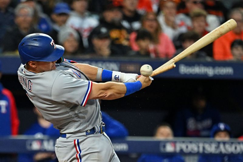 Oct 8, 2023; Baltimore, Maryland, USA; Texas Rangers third baseman Josh Jung (6) breaks his bat on a foul ball during the fifth inning against the Baltimore Orioles during game two of the ALDS for the 2023 MLB playoffs at Oriole Park at Camden Yards. Mandatory Credit: Tommy Gilligan-USA TODAY Sports