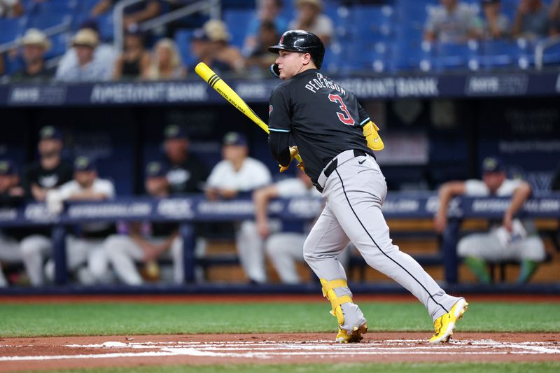 Aug 16, 2024; St. Petersburg, Florida, USA; Arizona Diamondbacks designated hitter Joc Pederson (3) hits an rbi single against the Tampa Bay Rays in the first inning at Tropicana Field. Mandatory Credit: Nathan Ray Seebeck-USA TODAY Sports