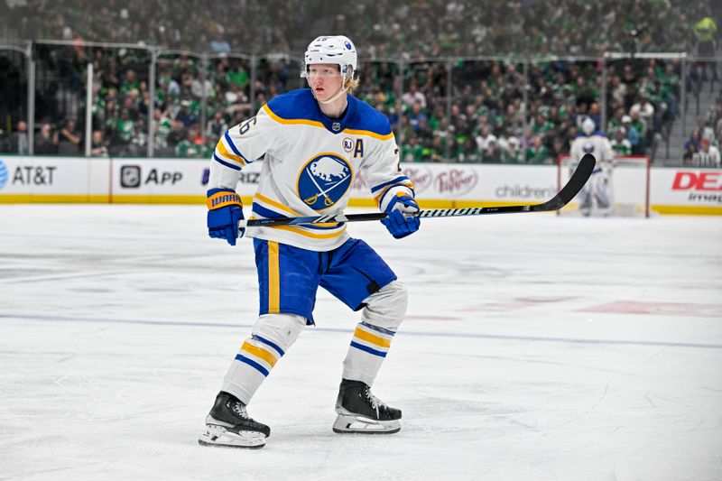 Apr 9, 2024; Dallas, Texas, USA; Buffalo Sabres defenseman Rasmus Dahlin (26) skates against the Dallas Stars during the third period at the American Airlines Center. Mandatory Credit: Jerome Miron-USA TODAY Sports