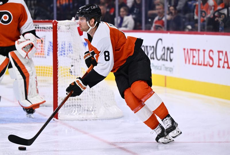 Nov 1, 2023; Philadelphia, Pennsylvania, USA; Philadelphia Flyers defenseman Cam York (8) controls the puck against the Buffalo Sabres in the second period at Wells Fargo Center. Mandatory Credit: Kyle Ross-USA TODAY Sports