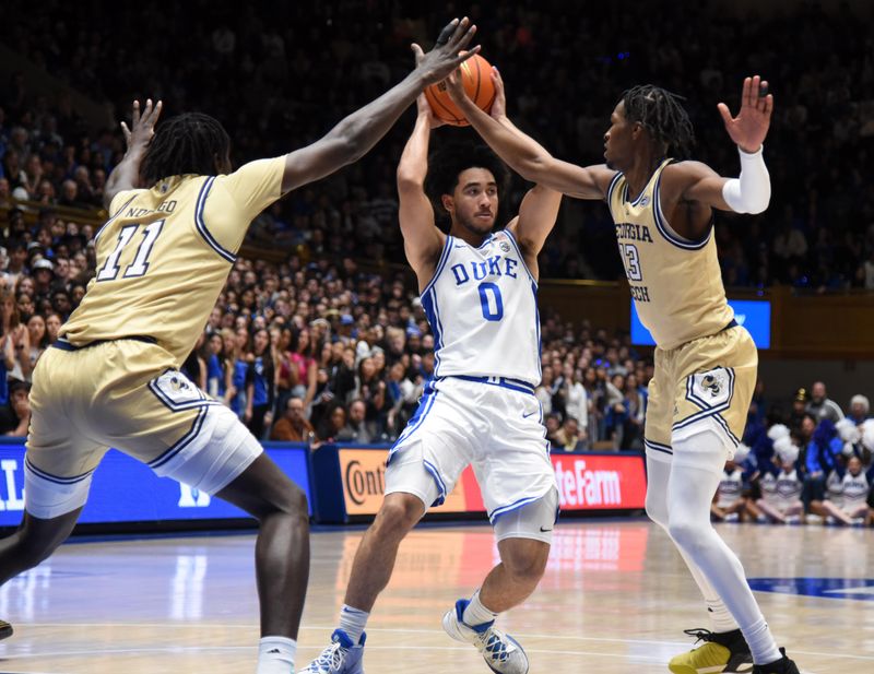 Jan 13, 2024; Durham, North Carolina, USA;  Duke Blue Devils guard Jared McCain (0) looks to pass as Georgia Tech Yellow Jackets guard Miles Kelly (13) and forward Baye Ndongo (11) defend during the second half at Cameron Indoor Stadium.  The Blue Devils won 84-79. Mandatory Credit: Rob Kinnan-USA TODAY Sports