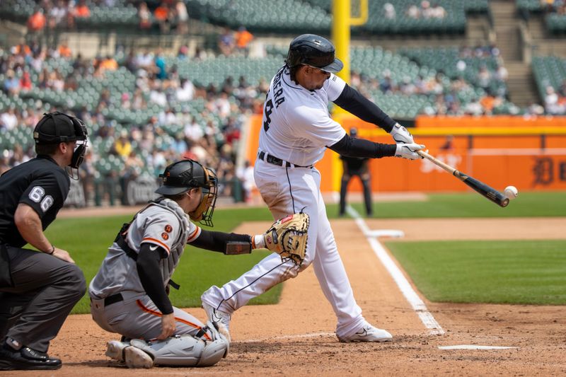 Jul 24, 2023; Detroit, Michigan, USA; Detroit Tigers designated hitter Miguel Cabrera (24) swings and makes contact in the sixth inning against the San Francisco Giants at Comerica Park. Mandatory Credit: David Reginek-USA TODAY Sports