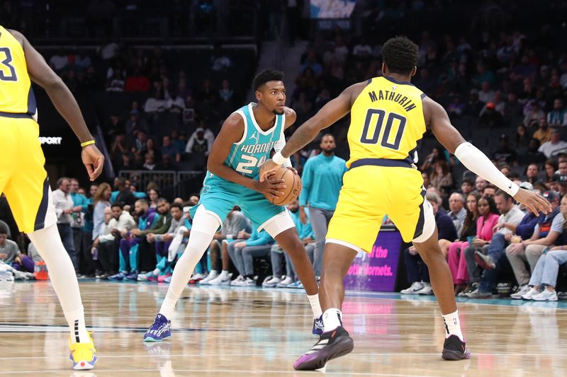 CHARLOTTE, NC - NOVEMBER 8: Brandon Miller #24 of the Charlotte Hornets handles the ball during the game against the Indiana Pacers on November 8, 2024 at Spectrum Center in Charlotte, North Carolina. NOTE TO USER: User expressly acknowledges and agrees that, by downloading and or using this photograph, User is consenting to the terms and conditions of the Getty Images License Agreement. Mandatory Copyright Notice: Copyright 2024 NBAE (Photo by Brock Williams-Smith/NBAE via Getty Images)