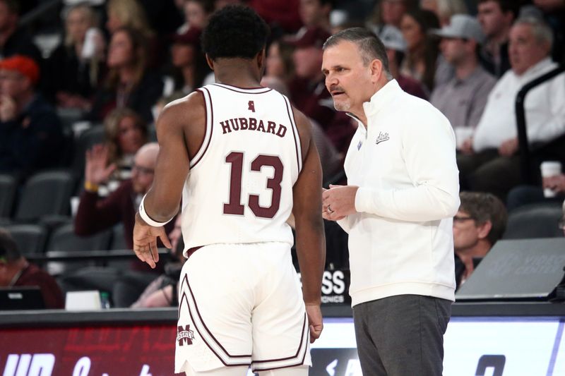 Jan 27, 2024; Starkville, Mississippi, USA; Mississippi State Bulldogs head coach Chris Jans (right) talks with Bulldogs guard Josh Hubbard (13) during the first half against the Auburn Tigers at Humphrey Coliseum. Mandatory Credit: Petre Thomas-USA TODAY Sports