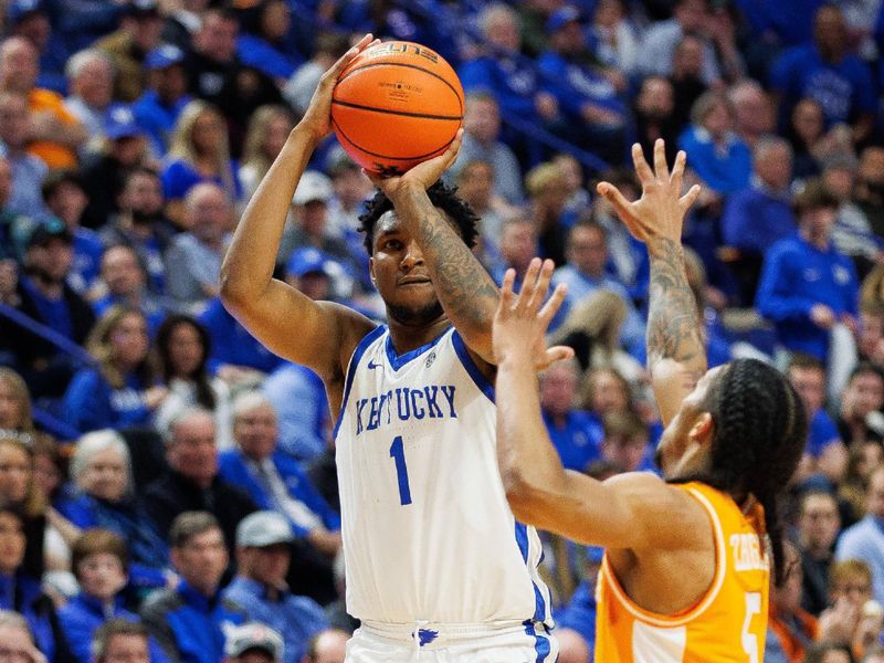 Feb 3, 2024; Lexington, Kentucky, USA; Kentucky Wildcats guard Justin Edwards (1) shoots the ball during the second half against the Tennessee Volunteers at Rupp Arena at Central Bank Center. Mandatory Credit: Jordan Prather-USA TODAY Sports