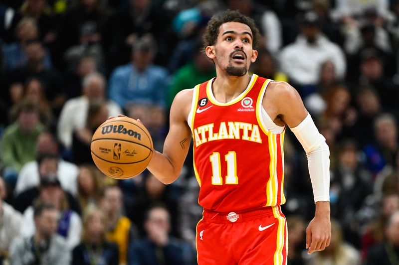 SALT LAKE CITY, UTAH - FEBRUARY 03: Trae Young #11 of the Atlanta Hawks in action during the second half of a game against the Utah Jazz at Vivint Arena on February 03, 2023 in Salt Lake City, Utah.  NOTE TO USER: User expressly acknowledges and agrees that, by downloading and or using this photograph, User is consenting to the terms and conditions of the Getty Images License Agreement. (Photo by Alex Goodlett/Getty Images)