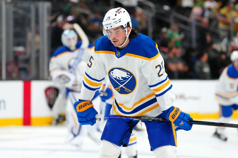 Mar 17, 2026; Las Vegas, Nevada, USA; Buffalo Sabres defenseman Owen Power (25) warms up before a game against the Vegas Golden Knights at T-Mobile Arena. Mandatory Credit: Stephen R. Sylvanie-Imagn Images