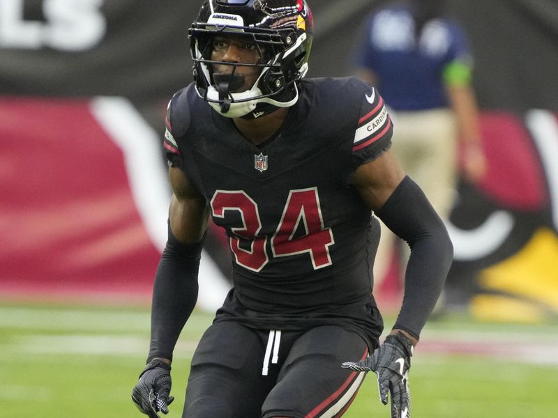 Arizona Cardinals safety Jalen Thompson (34) lines up against the Los Angeles Rams during the first half of an NFL football game, Sunday, Nov. 26, 2023, in Glendale, Ariz. (AP Photo/Rick Scuteri)