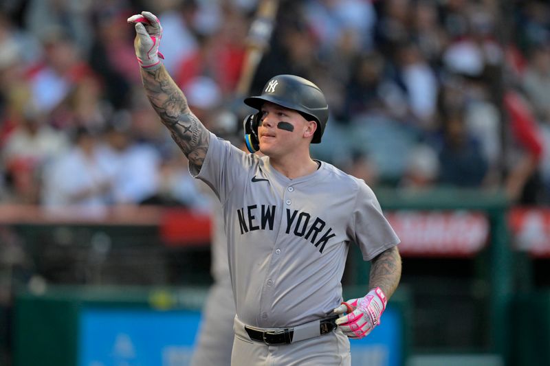 May 29, 2024; Anaheim, California, USA; New York Yankees left fielder Alex Verdugo (24) celebrates after hitting a solo home run in the fourth inning against the Los Angeles Angels at Angel Stadium. Mandatory Credit: Jayne Kamin-Oncea-USA TODAY Sports