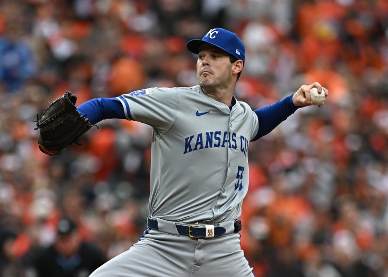 Oct 1, 2024; Baltimore, Maryland, USA; Kansas City Royals pitcher Cole Ragans (55) throws a pitch at bat in the first inning  in game one of the Wild Card round for the 2024 MLB Playoffs at Oriole Park at Camden Yards. Mandatory Credit: Tommy Gilligan-Imagn Images