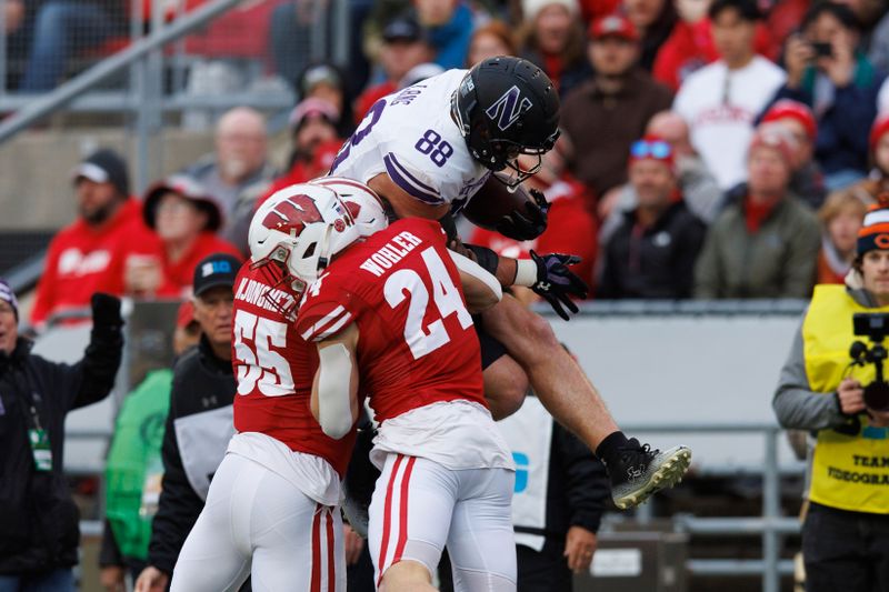 Nov 11, 2023; Madison, Wisconsin, USA;  Northwestern Wildcats tight end Marshall Lang (88) is tackled by Wisconsin Badgers linebacker Maema Njongmeta (55) and safety Hunter Wohler (24) during the second quarter at Camp Randall Stadium. Mandatory Credit: Jeff Hanisch-USA TODAY Sports