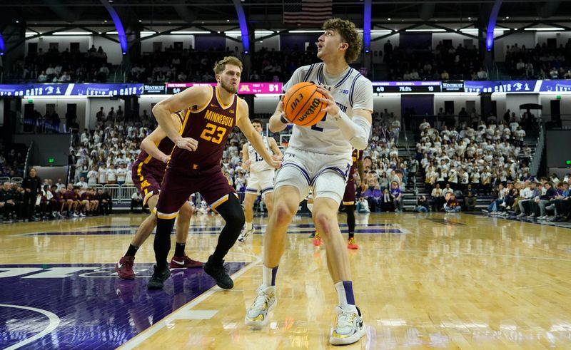 Mar 9, 2024; Evanston, Illinois, USA; Minnesota Golden Gophers forward Parker Fox (23) defends Northwestern Wildcats forward Nick Martinelli (2) during the second half at Welsh-Ryan Arena. Mandatory Credit: David Banks-USA TODAY Sports