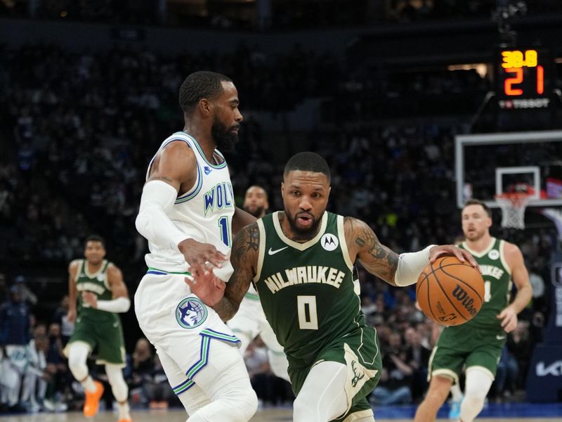 MINNEAPOLIS, MN -  FEBRUARY 23: Damian Lillard #0 of the Milwaukee Bucks dribbles the ball during the game against the Minnesota Timberwolves on February 23, 2024 at Target Center in Minneapolis, Minnesota. NOTE TO USER: User expressly acknowledges and agrees that, by downloading and or using this Photograph, user is consenting to the terms and conditions of the Getty Images License Agreement. Mandatory Copyright Notice: Copyright 2024 NBAE (Photo by Jordan Johnson/NBAE via Getty Images)