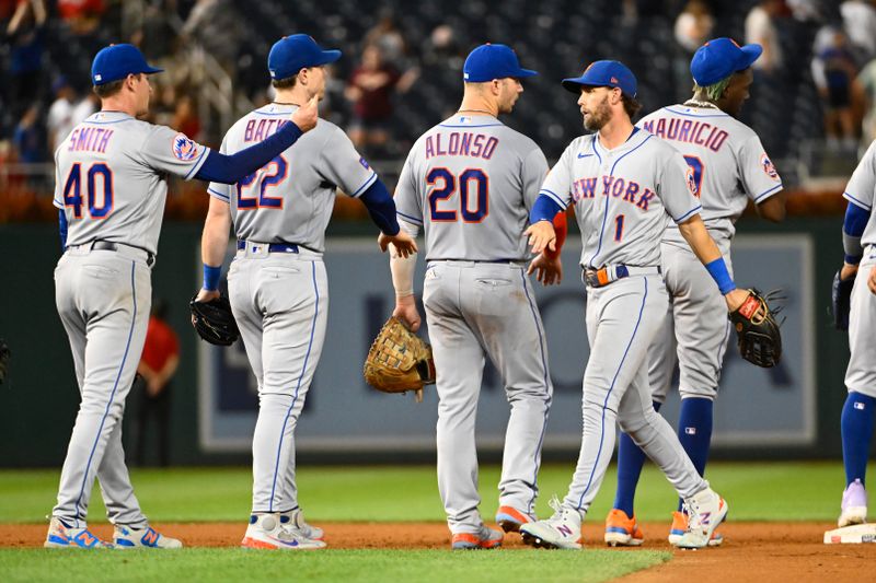 Sep 5, 2023; Washington, District of Columbia, USA; New York Mets right fielder Jeff McNeil (1) and first baseman Pete Alonso (20) celebrate after the game against the Washington Nationals at Nationals Park. Mandatory Credit: Brad Mills-USA TODAY Sports