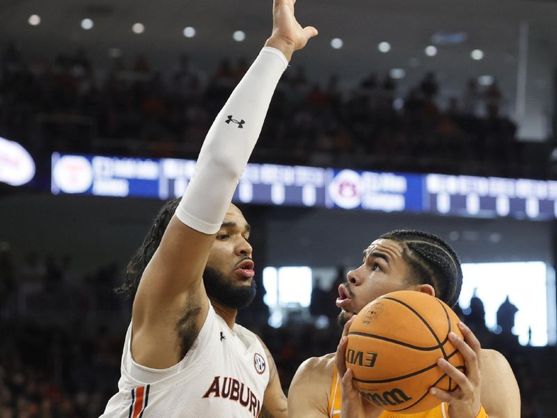 Mar 4, 2023; Auburn, Alabama, USA;  Tennessee Volunteers forward Olivier Nkamhoua (13) controls the ball against Auburn Tigers forward Johni Broome (4) during the first half at Neville Arena. Mandatory Credit: John Reed-USA TODAY Sports