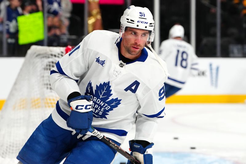 Mar 5, 2025; Las Vegas, Nevada, USA; Toronto Maple Leafs center John Tavares (91) warms up before a game against the Vegas Golden Knights at T-Mobile Arena. Mandatory Credit: Stephen R. Sylvanie-Imagn Images