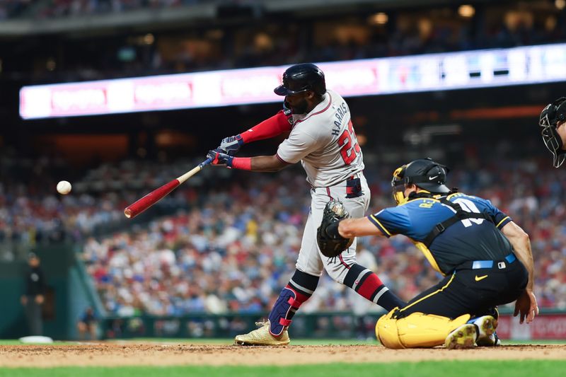 Aug 30, 2024; Philadelphia, Pennsylvania, USA; Atlanta Braves outfielder Michael Harris II (23) hits a single against the Philadelphia Phillies during the fourth inning at Citizens Bank Park. Mandatory Credit: Bill Streicher-USA TODAY Sports