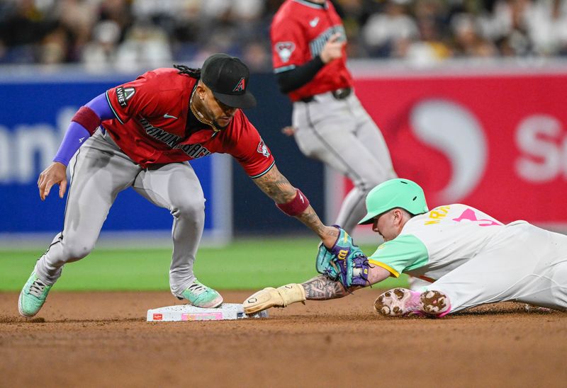 Jun 6, 2024; San Diego, California, USA; San Diego Padres center fielder Jackson Merrill (3) steals second base ahead of the tag of Arizona Diamondbacks second baseman Ketel Marte (4) during the eighth inning at Petco Park. Mandatory Credit: Denis Poroy-USA TODAY Sports at Petco Park. 