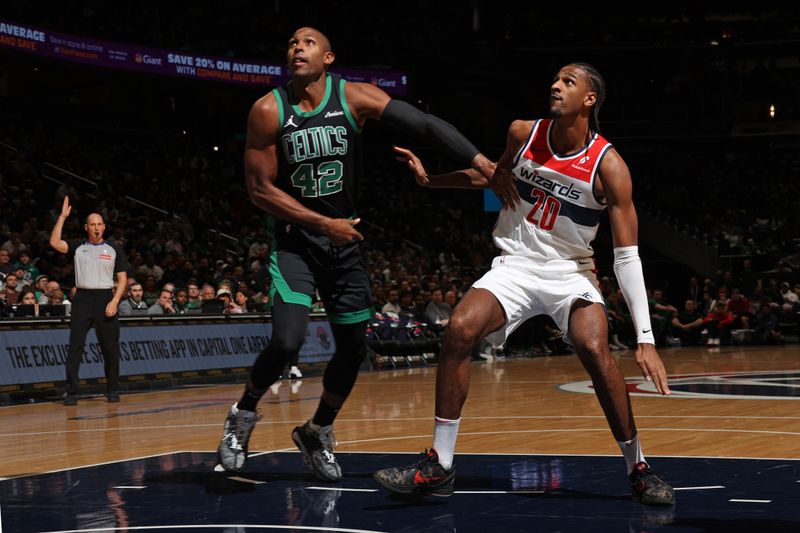 WASHINGTON, DC -? OCTOBER 24: Al Horford #42 of the Boston Celtics and Alexandre Sarr #20 of the Washington Wizards waits for a rebound during the game  on October 24, 2024 at Capital One Arena in Washington, DC. NOTE TO USER: User expressly acknowledges and agrees that, by downloading and or using this Photograph, user is consenting to the terms and conditions of the Getty Images License Agreement. Mandatory Copyright Notice: Copyright 2024 NBAE (Photo by Stephen Gosling/NBAE via Getty Images)