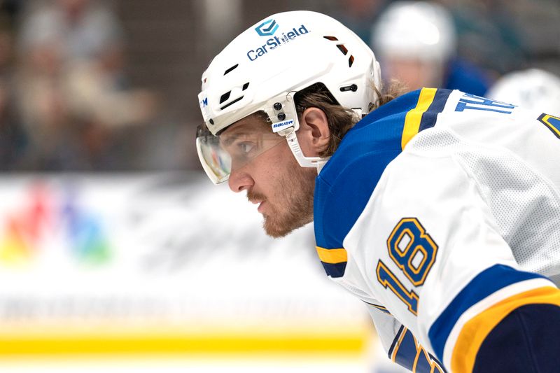 Oct 10, 2024; San Jose, California, USA; St. Louis Blues center Robert Thomas (18) during the first period against the San Jose Sharks at SAP Center at San Jose. Mandatory Credit: Stan Szeto-Imagn Images