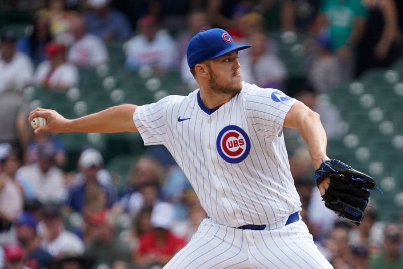 Sep 20, 2024; Chicago, Illinois, USA; Chicago Cubs pitcher Jameson Taillon (50) throws the ball against the Washington Nationals during the first inning at Wrigley Field. Mandatory Credit: David Banks-Imagn Images