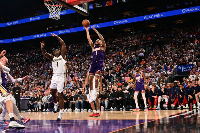 PHOENIX, AZ - APRIL 7: Devin Booker #1 of the Phoenix Suns shoots the ball during the game against the New Orleans Pelicans on April 7, 2024 at Footprint Center in Phoenix, Arizona. NOTE TO USER: User expressly acknowledges and agrees that, by downloading and or using this photograph, user is consenting to the terms and conditions of the Getty Images License Agreement. Mandatory Copyright Notice: Copyright 2024 NBAE (Photo by Kate Frese/NBAE via Getty Images)