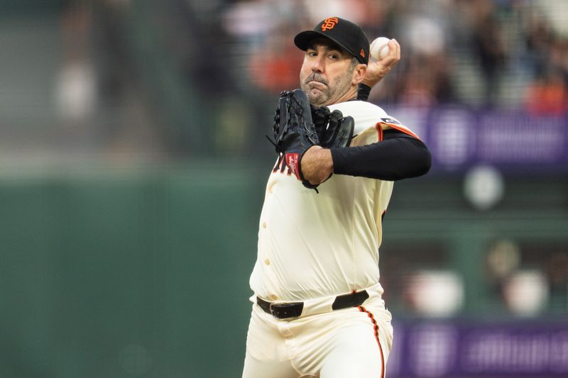 May 12, 2025; San Francisco, California, USA; San Francisco Giants starting pitcher Justin Verlander (35) delivers a pitch against the Arizona Diamondbacks during the first inning at Oracle Park. Mandatory Credit: Neville E. Guard-Imagn Images