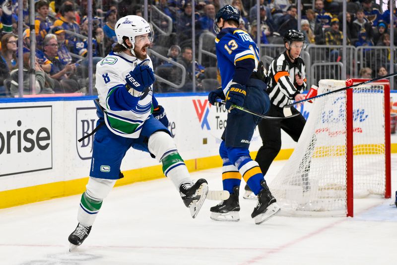 Jan 27, 2025; St. Louis, Missouri, USA;  Vancouver Canucks right wing Conor Garland (8) reacts after scoring against the St. Louis Blues during the first period at Enterprise Center. Mandatory Credit: Jeff Curry-Imagn Images