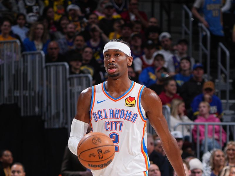 DENVER, CO - NOVEMBER 6: Shai Gilgeous-Alexander #2 of the Oklahoma City Thunder dribbles the ball during the game against the Denver Nuggets on November 6, 2024 at Ball Arena in Denver, Colorado. NOTE TO USER: User expressly acknowledges and agrees that, by downloading and/or using this Photograph, user is consenting to the terms and conditions of the Getty Images License Agreement. Mandatory Copyright Notice: Copyright 2024 NBAE (Photo by Garrett Ellwood/NBAE via Getty Images)