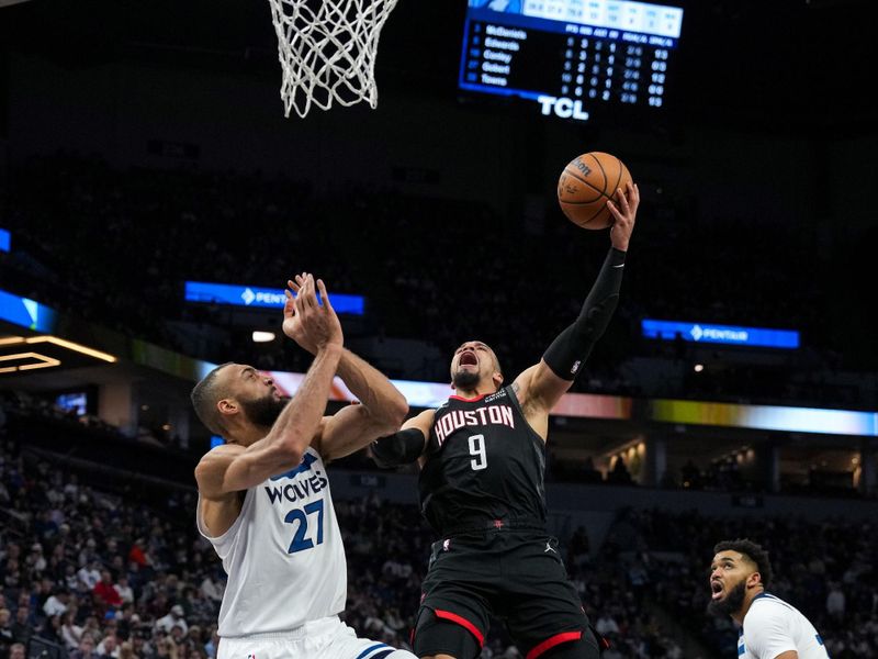 MINNEAPOLIS, MN -  FEBRUARY 4: Dillon Brooks #9 of the Houston Rockets drives to the basket during the game against the Minnesota Timberwolves on February 4, 2024 at Target Center in Minneapolis, Minnesota. NOTE TO USER: User expressly acknowledges and agrees that, by downloading and or using this Photograph, user is consenting to the terms and conditions of the Getty Images License Agreement. Mandatory Copyright Notice: Copyright 2024 NBAE (Photo by Jordan Johnson/NBAE via Getty Images)