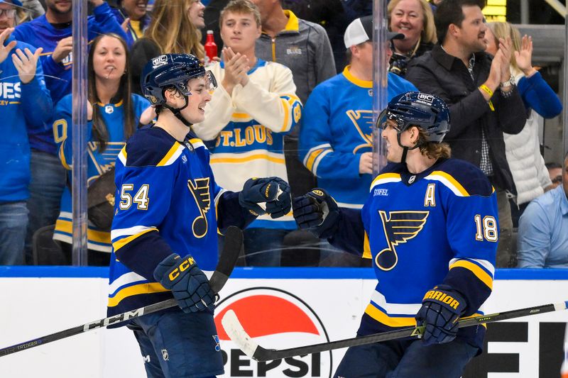 Nov 3, 2025; St. Louis, Missouri, USA; St. Louis Blues right wing Dalibor Dvorsky (54) is congratulated by center Robert Thomas (18) after scoring his first NHL goal against the Edmonton Oilers during the second period at Enterprise Center. Mandatory Credit: Jeff Curry-Imagn Images