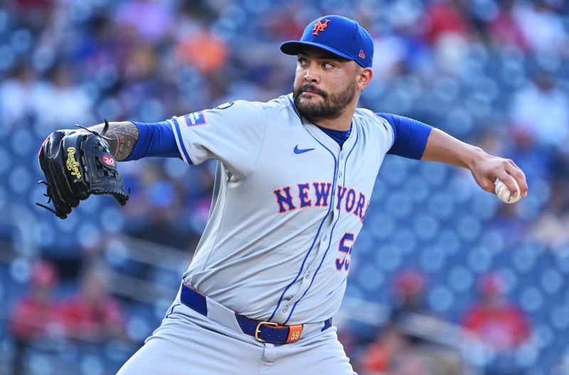 Jul 2, 2024; Washington, District of Columbia, USA; New York Mets starting pitcher Sean Manaea (59) throws a pitch against the Washington Nationals during the first inning at Nationals Park. Mandatory Credit: Rafael Suanes-USA TODAY Sports