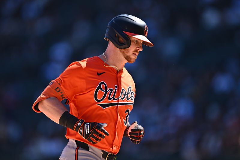 May 25, 2024; Chicago, Illinois, USA;  Baltimore Orioles infielder Ryan O'Hearn (32) rounds the bases after hitting a two-run home run in the eighth inning against the Chicago White Sox at Guaranteed Rate Field. Mandatory Credit: Jamie Sabau-USA TODAY Sports