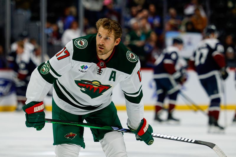 Feb 26, 2026; Denver, Colorado, USA; Minnesota Wild left wing Marcus Foligno (17) before the game against the Colorado Avalanche at Ball Arena. Mandatory Credit: Isaiah J. Downing-Imagn Images