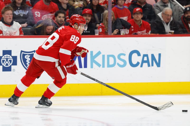 Jan 29, 2026; Detroit, Michigan, USA;  Detroit Red Wings right wing Patrick Kane (88) skates with the puck in the first period against the Washington Capitals at Little Caesars Arena. Mandatory Credit: Rick Osentoski-Imagn Images