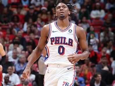 MIAMI, FL - DECEMBER 25:  Tyrese Maxey #0 of the Philadelphia 76ers looks on during the game against the Miami Heat on December 25, 2023 at Kaseya Center in Miami, Florida. NOTE TO USER: User expressly acknowledges and agrees that, by downloading and or using this Photograph, user is consenting to the terms and conditions of the Getty Images License Agreement. Mandatory Copyright Notice: Copyright 2023 NBAE (Photo by David Sherman/NBAE via Getty Images)