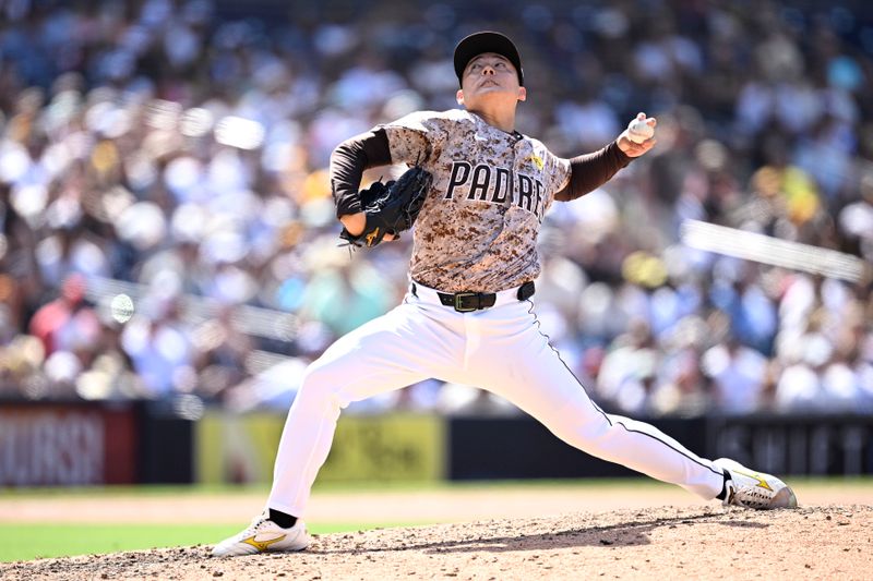 Jul 14, 2024; San Diego, California, USA; San Diego Padres relief pitcher Yuki Matsui (1) pitches against the Atlanta Braves during the ninth inning at Petco Park. Mandatory Credit: Orlando Ramirez-USA TODAY Sports