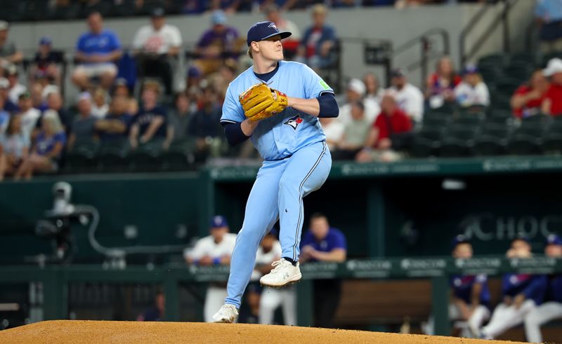 May 28, 2025; Arlington, Texas, USA; Toronto Blue Jays starting pitcher Paxton Schultz (65) throws during the first inning against the Texas Rangers at Globe Life Field. Mandatory Credit: Kevin Jairaj-Imagn Images
