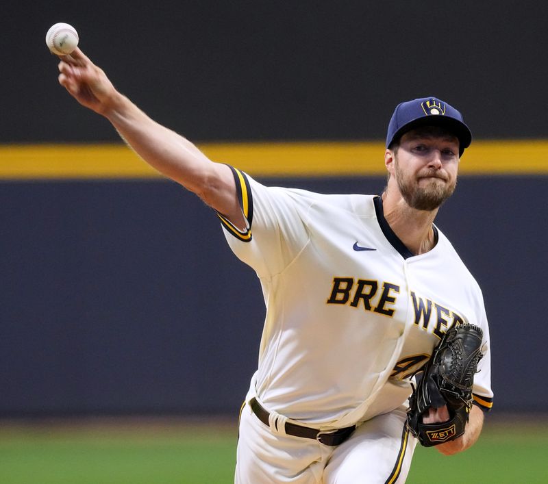 Apr 24, 2023; Milwaukee, Wisconsin, USA; Milwaukee Brewers starting pitcher Colin Rea (48) throws during the first inning of their game against the Detroit Tigers at American Family Field. Mandatory Credit: Mark Hoffman-USA TODAY Sports