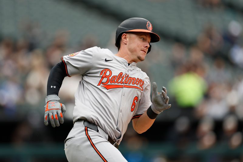 May 26, 2024; Chicago, Illinois, USA; Baltimore Orioles first baseman Ryan Mountcastle (6) runs to second base after hitting a double against the Chicago White Sox during the fourth inning at Guaranteed Rate Field. Mandatory Credit: Kamil Krzaczynski-USA TODAY Sports