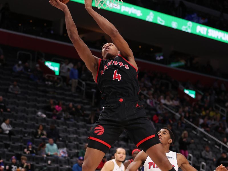 DETROIT, MICHIGAN - DECEMBER 30: Scottie Barnes #4 of the Toronto Raptors drives to the basket past Jaden Ivey #23 of the Detroit Pistons during the second half at Little Caesars Arena on December 30, 2023 in Detroit, Michigan. Detroit won the game 129-127. NOTE TO USER: User expressly acknowledges and agrees that, by downloading and or using this photograph, User is consenting to the terms and conditions of the Getty Images License Agreement. (Photo by Gregory Shamus/Getty Images)