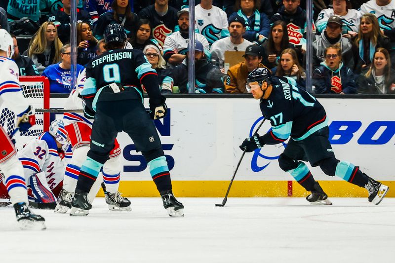 Nov 17, 2024; Seattle, Washington, USA; Seattle Kraken center Jaden Schwartz (17) shoots the puck against the New York Rangers during the second period at Climate Pledge Arena. Mandatory Credit: Joe Nicholson-Imagn Images