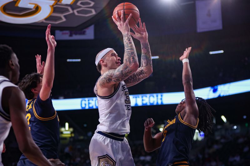 Feb 15, 2025; Atlanta, Georgia, USA; Georgia Tech Yellow Jackets forward Duncan Powell (31) shoots against the California Golden Bears in the second half at McCamish Pavilion. Mandatory Credit: Brett Davis-Imagn Images